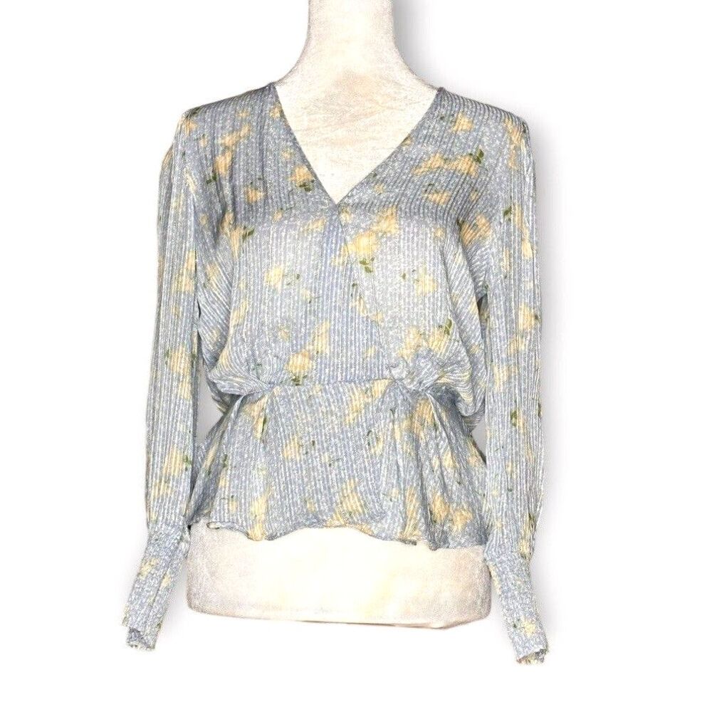 Zara Faux Wrap Smocked Peplum Blouse Floral Print Top Blue Metallic Gold XS